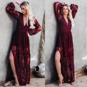 Lace Long Sleeve Rouch Dress Wine